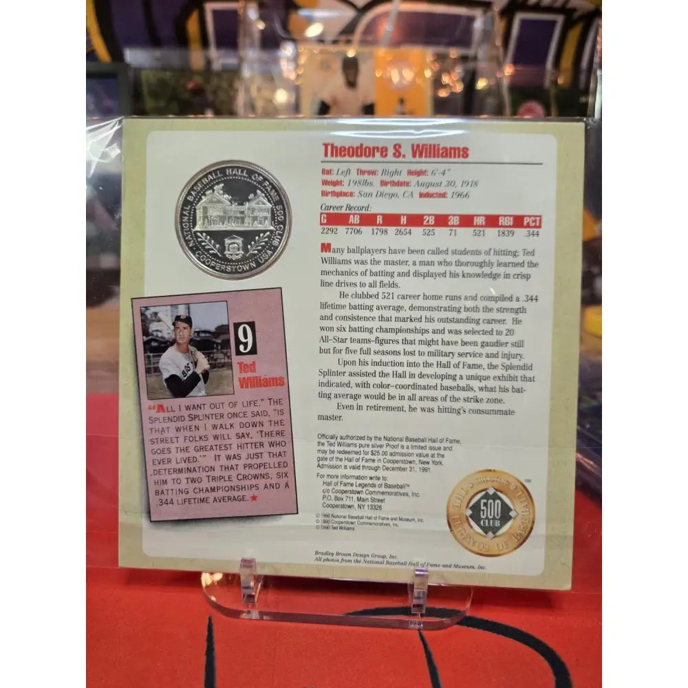 1990 HOF 500 HR Club Ted Williams 22gm (Approx $25 Worth ATM) Pure.999 Silver