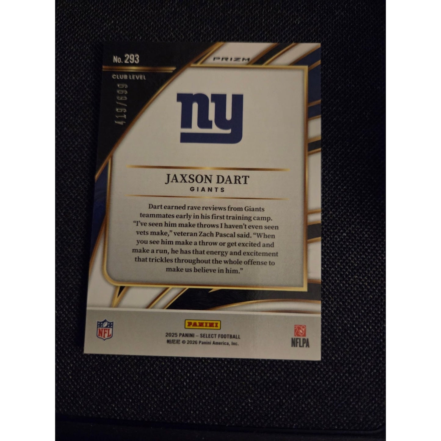 2025 Select Jaxson Dart RC Club Level Neon Green Shock #/699 Giants