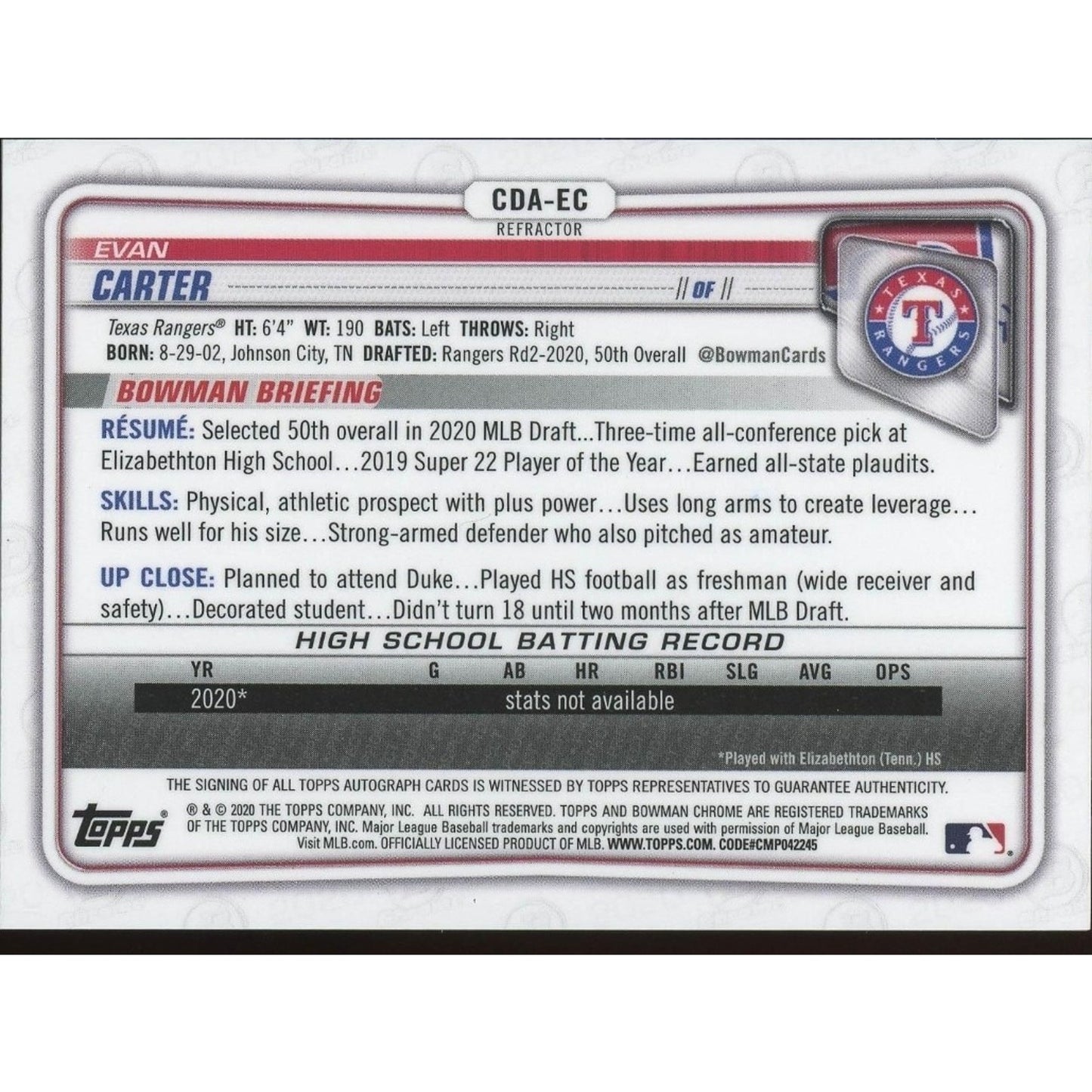 2020 Bowman Draft - Chrome Draft Picks Autographs Evan Carter #CDA-EC Refractor