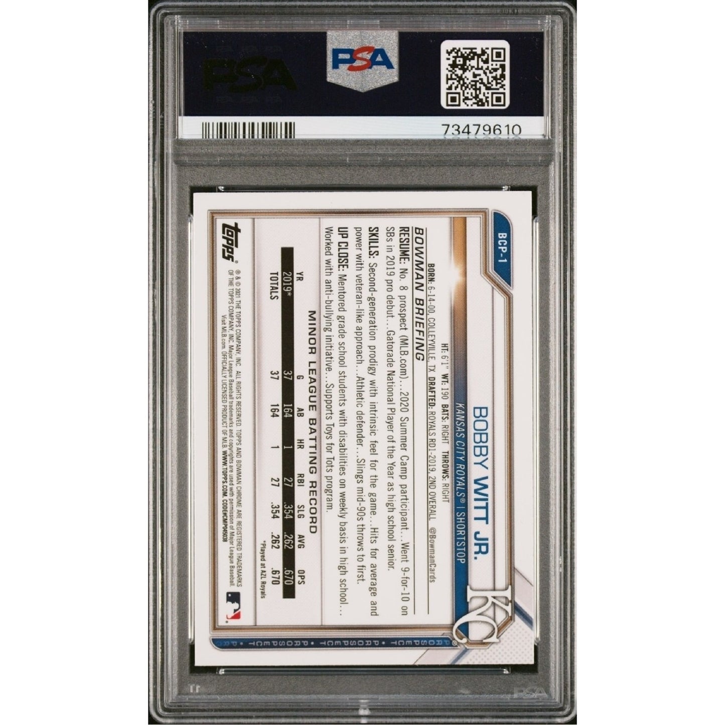 Bobby Witt Jr. 2021 Bowman Sapphire Edition - Chrome Prospects #BCP-1 PSA 9