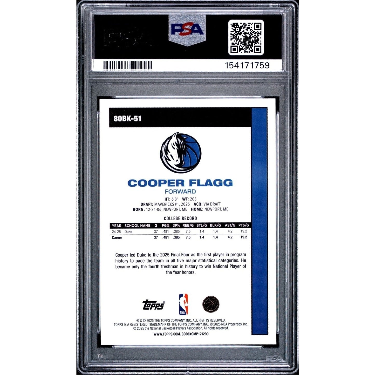 Cooper Flagg PSA 9 Rookie Card 1980 Topps Basketball 2025 Topps #80BK-51