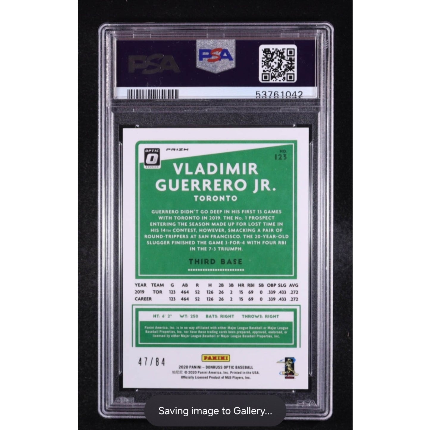 Vladimir Guerrero Jr. /84 Green Dragon 2020 Donruss Optic #123 Prizm PSA 10