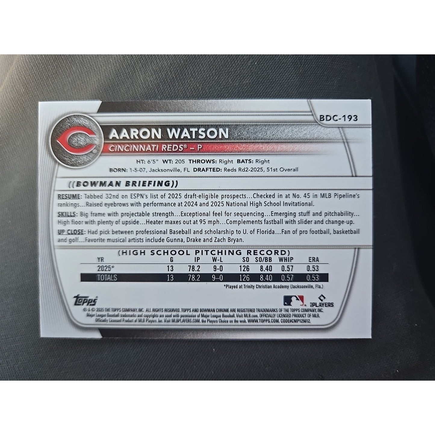 2025 Bowman Draft #BDC-193 Aaron Watson Chrome Laser Refractor