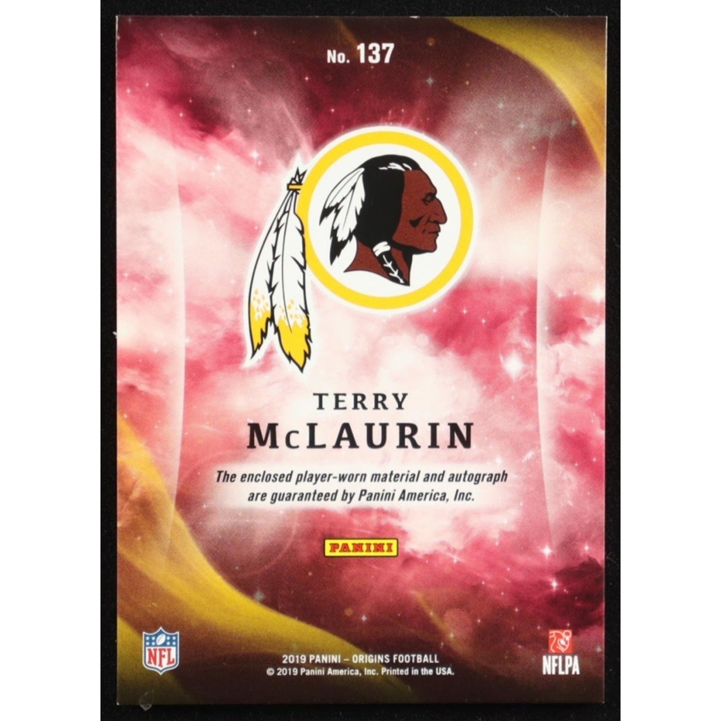 2019 Panini Origins Terry McLaurin #137 RPA Rookie Jumbo Patch Auto RC