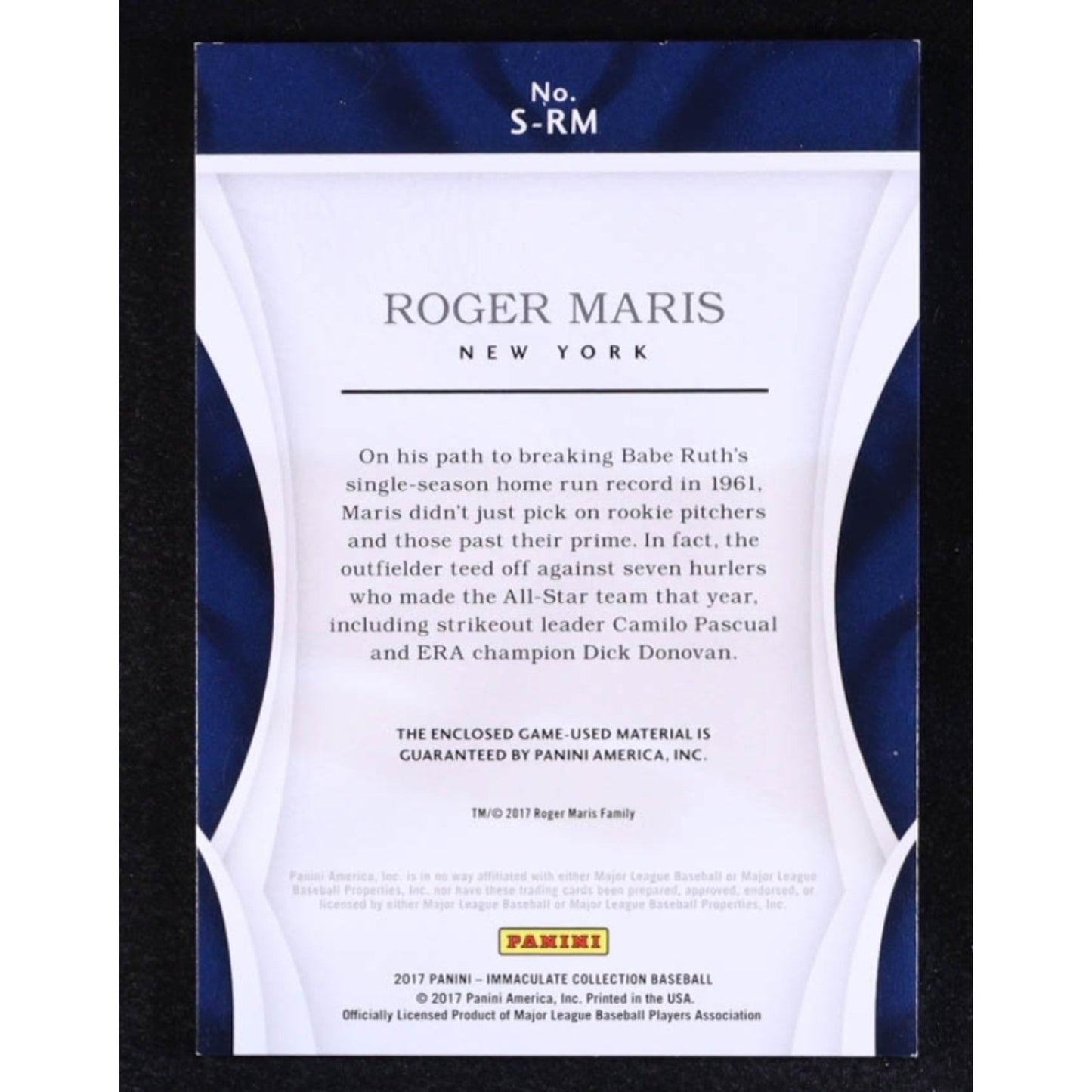 2017 Panini Immaculate Collection - Immaculate Swatches Roger Maris #S-RM /49...