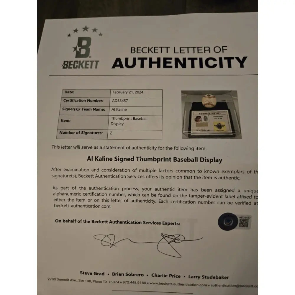 Al Kaline Signed Thumbprint Baseball Limited Edition 92/200 Beckett COA Autographed Baseball
