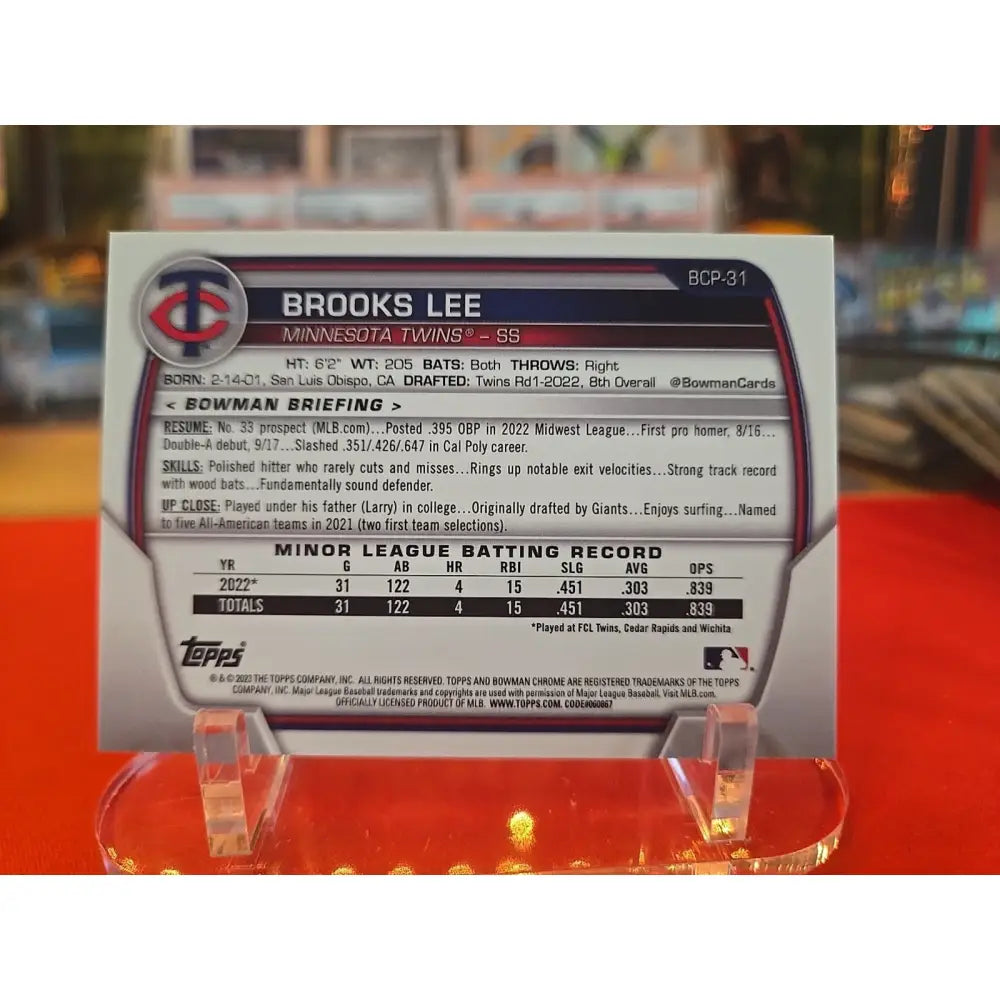 Brooks Lee /75 #BCP 31 Yellow Mojo Refractor (RC) 2023 Bowman Chrome Prospects