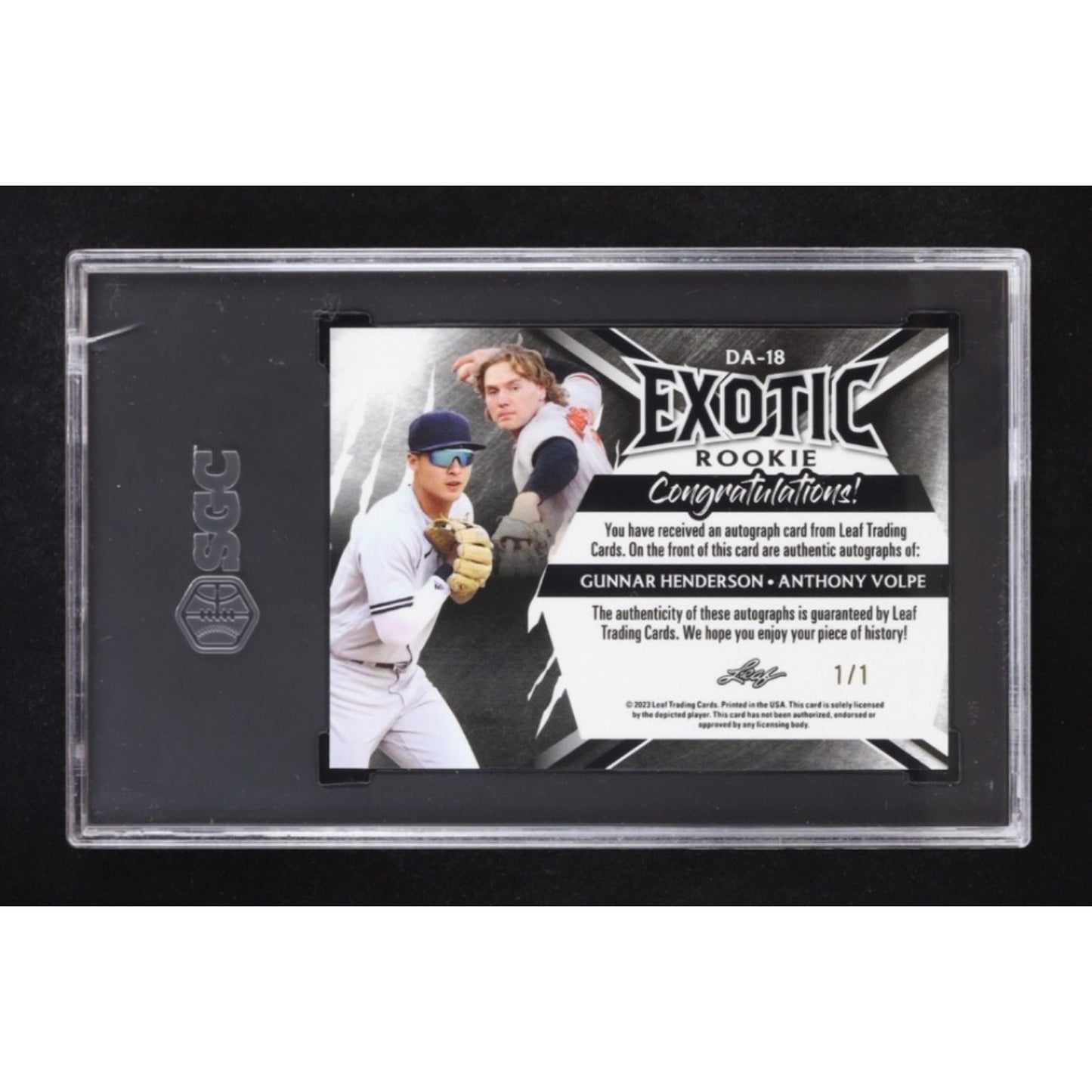 Gunnar Henderson / Anthony Volpe 2023 Leaf Exotic Dual Autographs Crystal Zebra