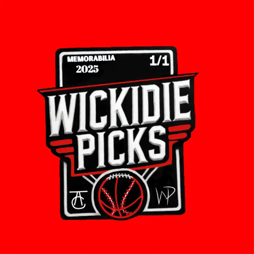 A red, white, and black sports memorabilia card featuring ’WICKIDIE PICKS’ text and a basketball design.
