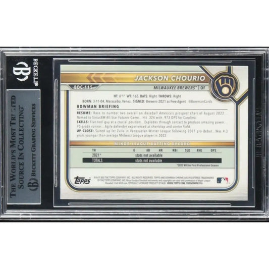 A graded baseball card of Jackson Chourio.