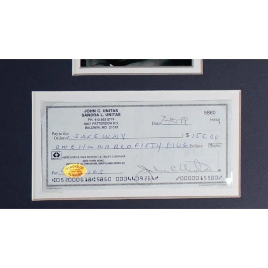 Johnny Unitas Signed Check In A 14×18 Matted Display COA