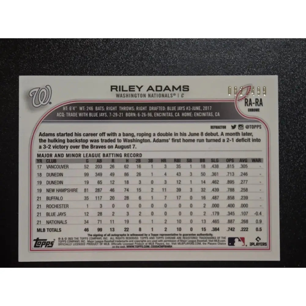 Riley Adams 2022 Topps Chrome Rookie Autographs #RA RA (AU RC) Baseball Card