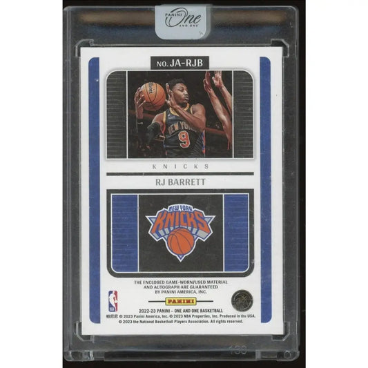 A Panini One basketball trading card featuring RJ Barrett of the New York Knicks.