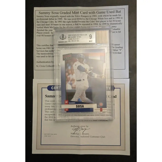 Graded Sammy Sosa baseball card with a game-used bat relic.