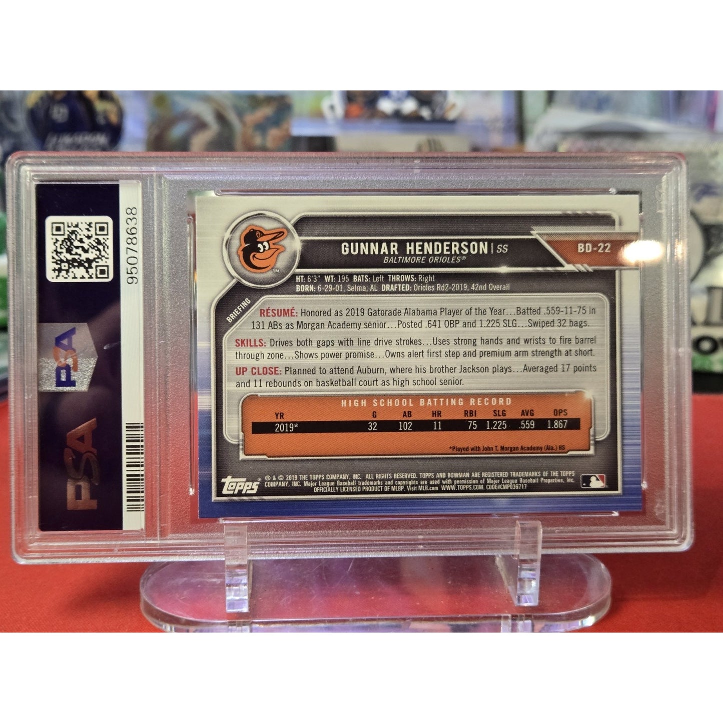 Gunnar Henderson 2019 Bowman Draft - #BD-22 (RC) PSA 10