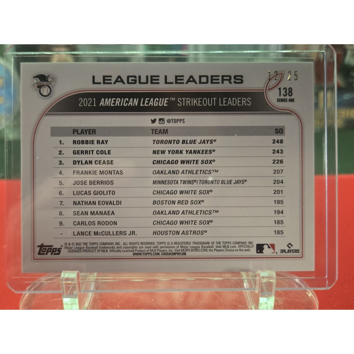 2022 Topps Series 1 1st Edition - League Leaders Cole, Cease, Ray Black