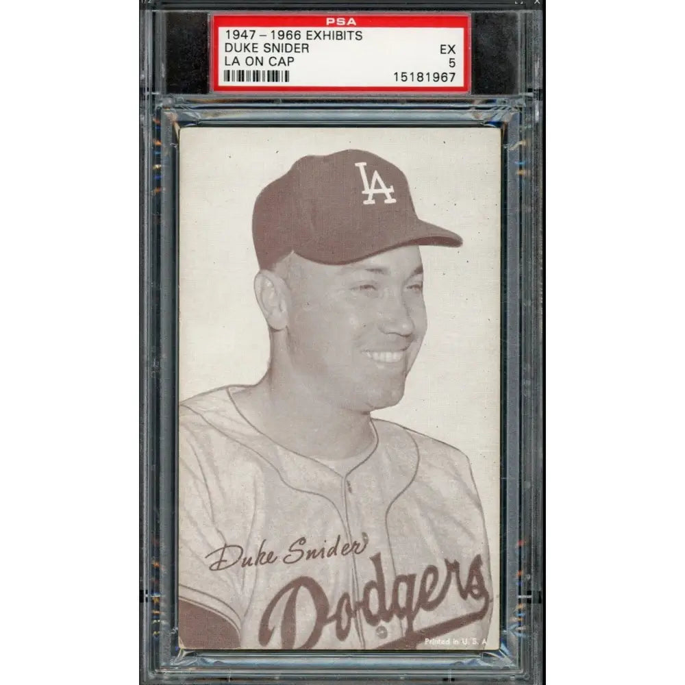 A graded baseball card of Duke Snider wearing a Dodgers cap.