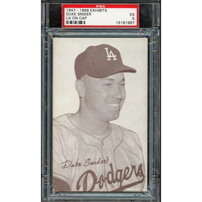A graded baseball card of Duke Snider wearing a Dodgers cap.