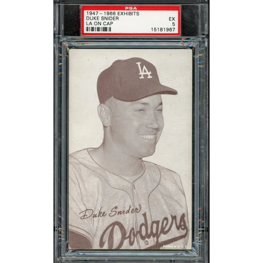 A graded baseball card of Duke Snider wearing a Dodgers cap.
