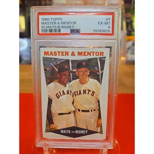 Graded 1960 Topps Master & Mentor baseball card of Willie Mays and Bill Rigney.