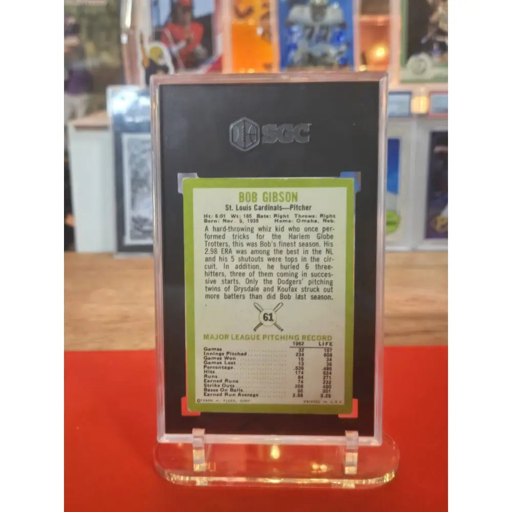 A baseball trading card of Bob Gibson in a clear protective slab.