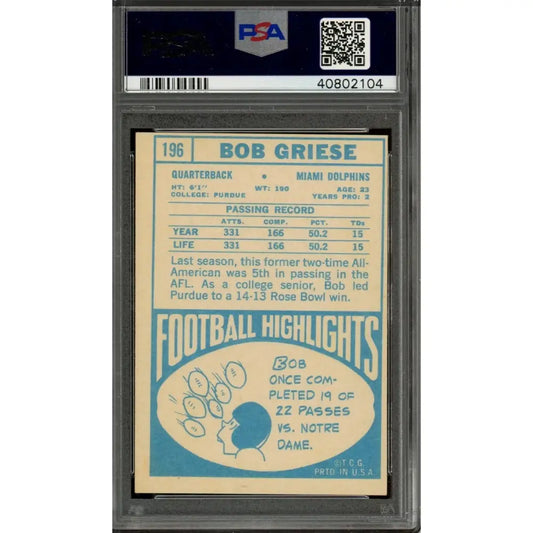 Graded vintage Bob Griese football card.