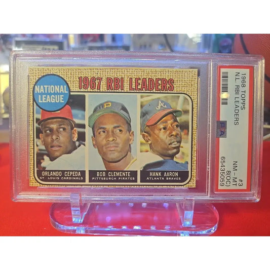 Graded 1968 Topps baseball card featuring 1967 RBI leaders.