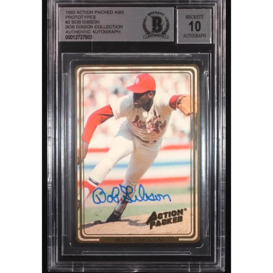 A Beckett-graded baseball card of Bob Gibson with an authentic autograph.