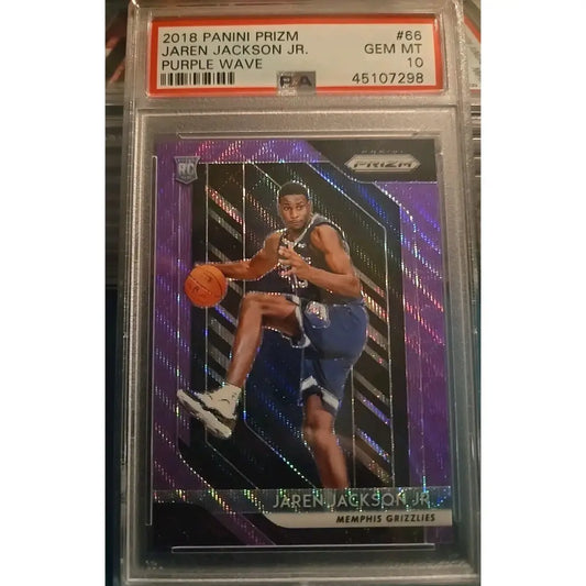 A graded 2018 Panini Prizm Jaren Jackson Jr. Purple Wave basketball card with a PSA GEM MT 10 rating.