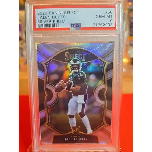 Graded 2020 Panini Select Jalen Hurts Silver Prizm rookie card.
