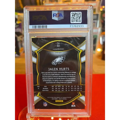 A graded football trading card featuring Jalen Hurts.