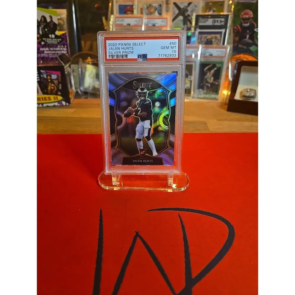 Graded 2020 Panini Select Jalen Hurts Silver Prizm football card.