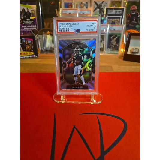 Graded 2020 Panini Select Jalen Hurts Silver Prizm football card.