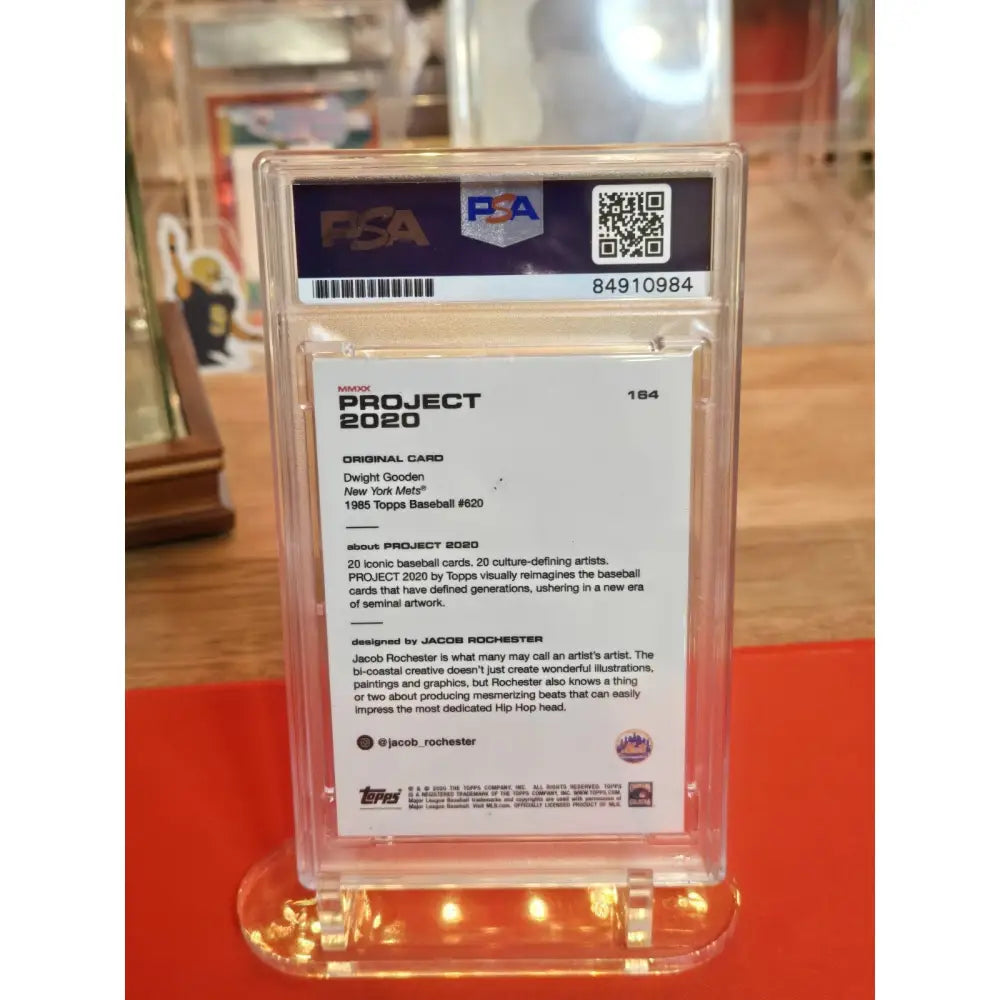 A graded baseball card in a protective case.