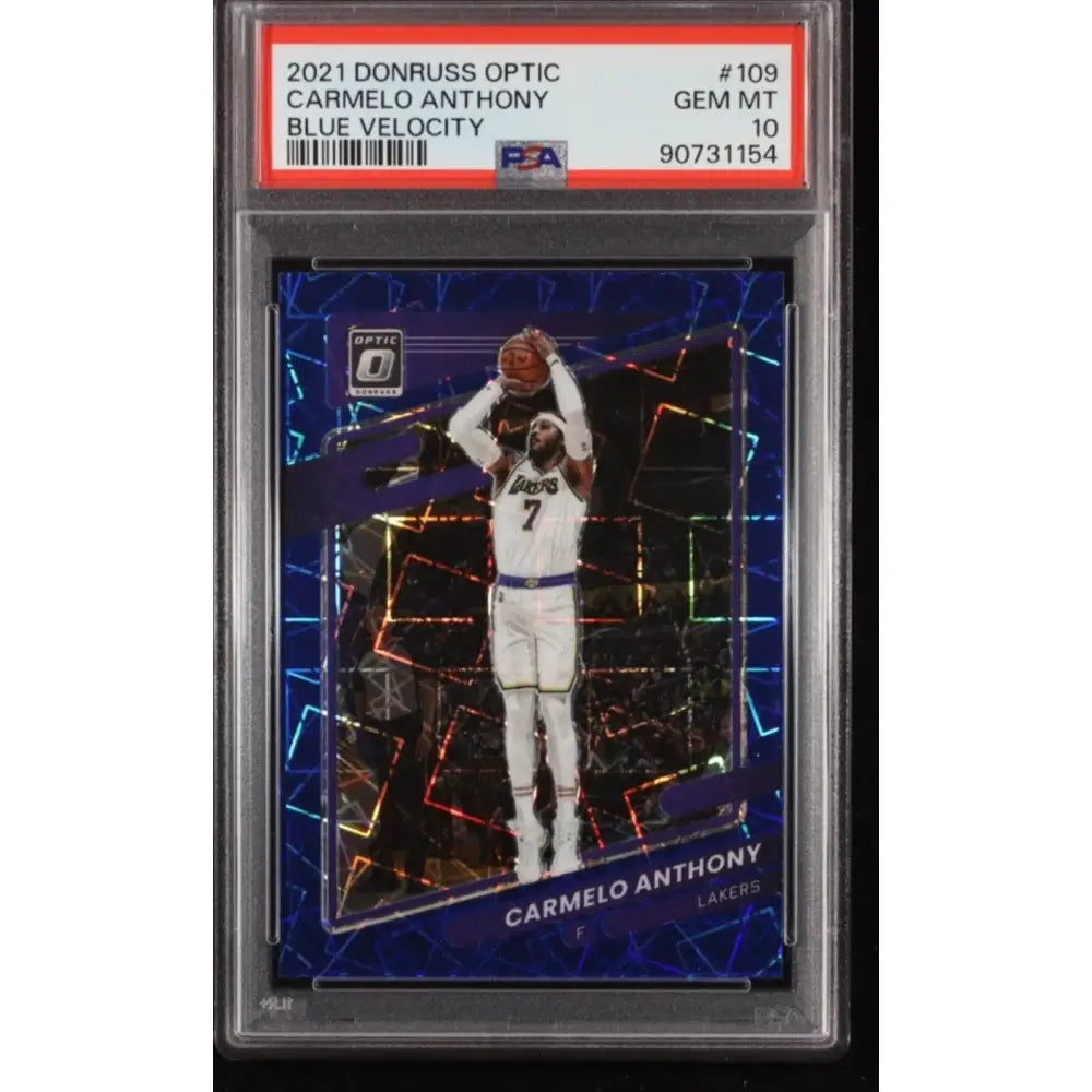 A graded 2021 Donruss Optic Carmelo Anthony Blue Velocity basketball card.