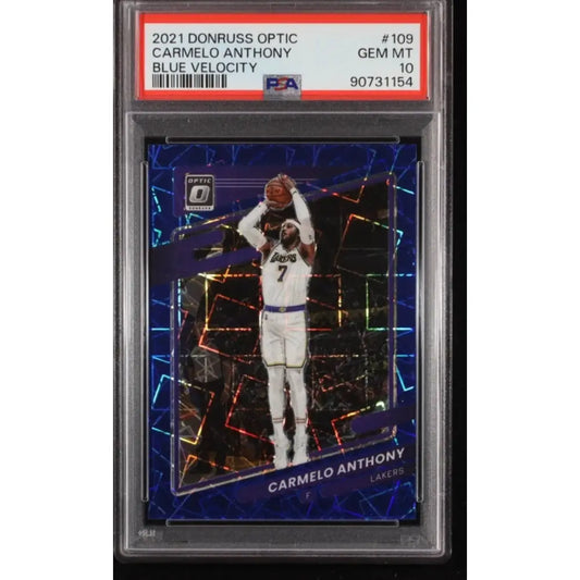A graded 2021 Donruss Optic Carmelo Anthony Blue Velocity basketball card.