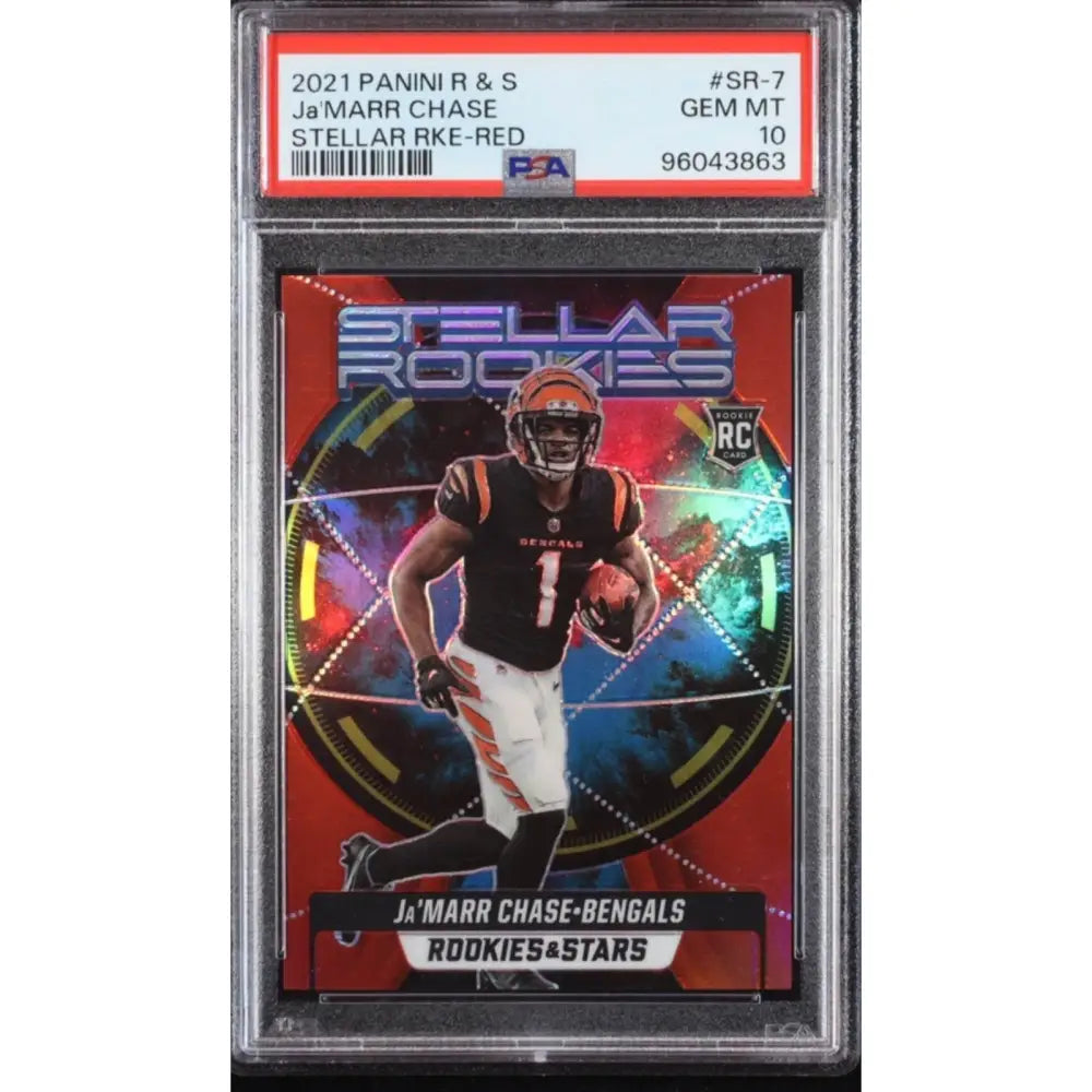 Graded Ja’Marr Chase ’Stellar Rookies’ Red parallel football card.