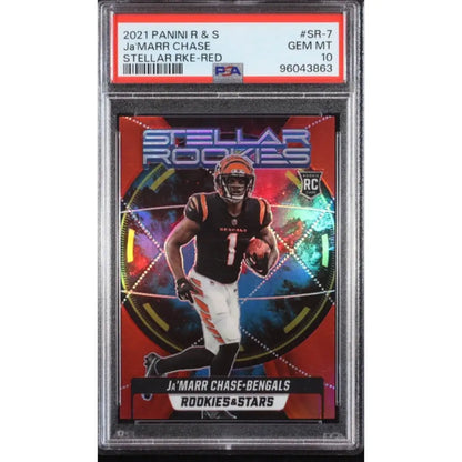 Graded Ja’Marr Chase ’Stellar Rookies’ Red parallel football card.