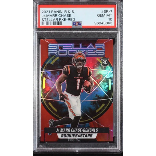 Graded Ja’Marr Chase ’Stellar Rookies’ Red parallel football card.