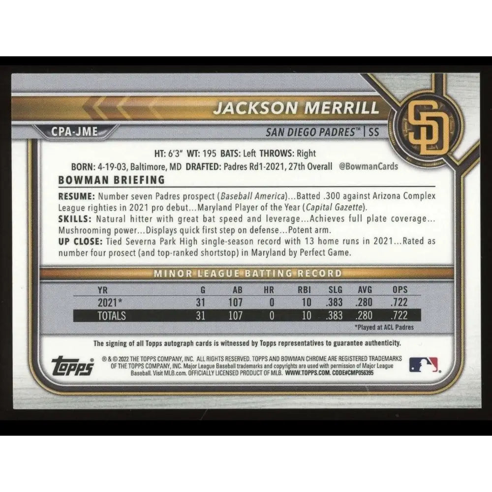 A 2022 Bowman Chrome Jackson Merrill baseball card.
