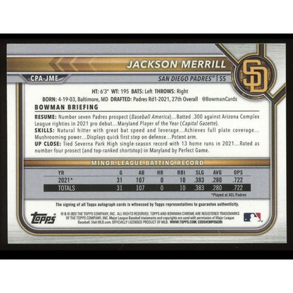 A 2022 Bowman Chrome Jackson Merrill baseball card.