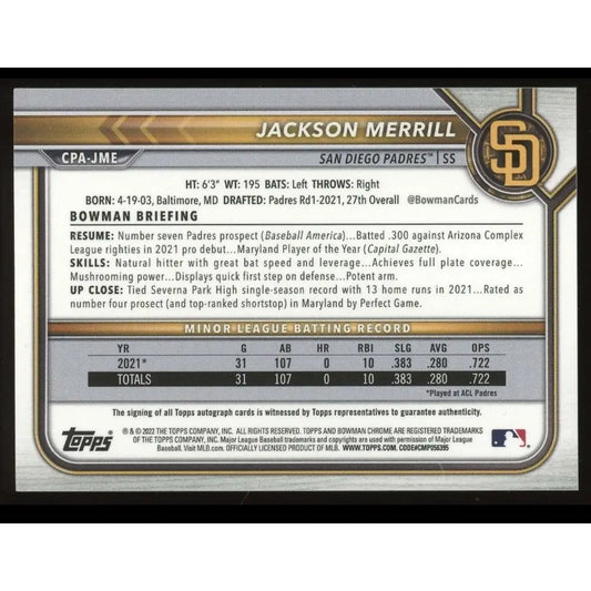 A 2022 Bowman Chrome Jackson Merrill baseball card.