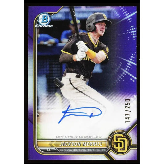 A Jackson Merrill Topps Chrome baseball card, autographed and numbered 147/250.