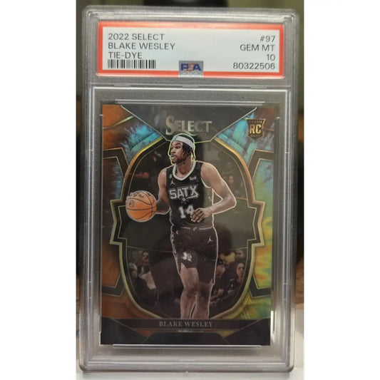 A PSA-graded 2022 Select Blake Wesley Tie-Dye basketball rookie card, graded GEM MT 10.