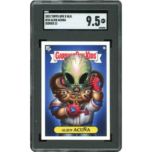 Graded 2022 Topps GPK x MLB #1B Alien Acuña (Series 2) trading card with a grade of 9.5.