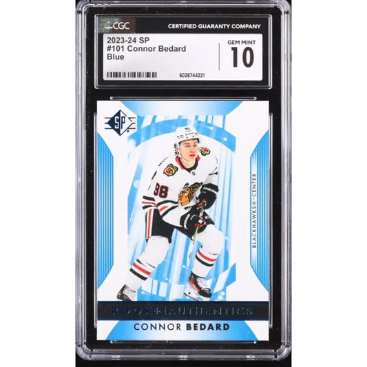 A graded 2023-24 SP #101 Connor Bedard Blue hockey card with a Gem Mint 10 rating.