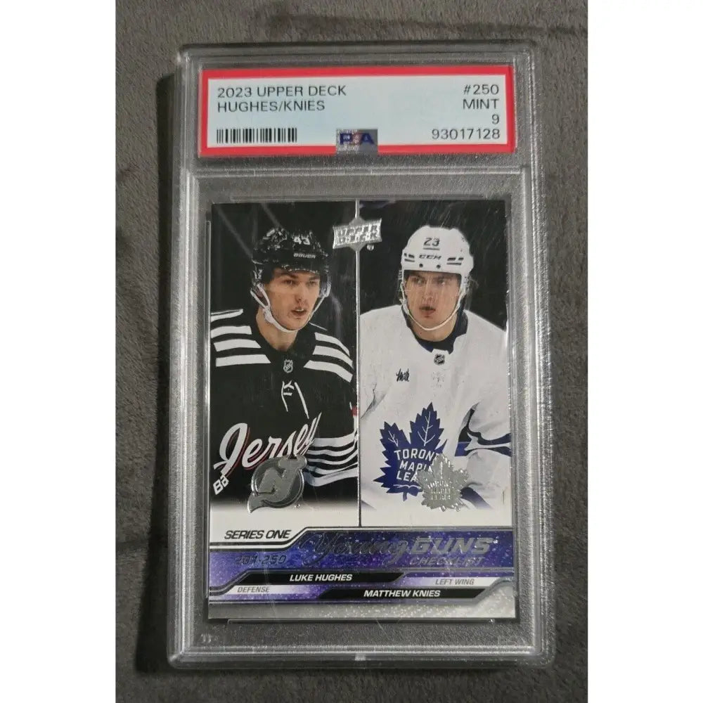 A PSA-graded 2023 Upper Deck hockey card featuring Luke Hughes and Matthew Knies, graded Mint 9.