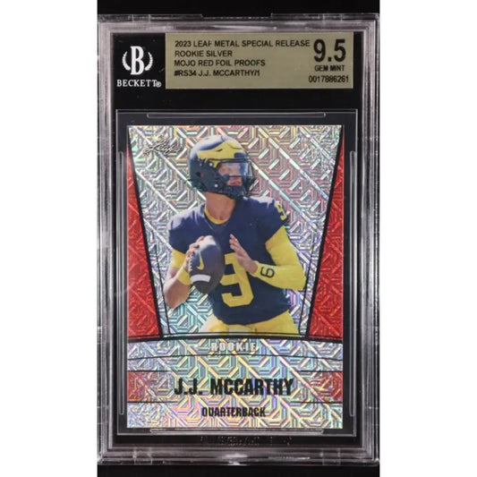 Beckett-graded 2023 Leaf Metal Special Release J.J. McCarthy Rookie Silver Mojo Red Foil Proofs football card.
