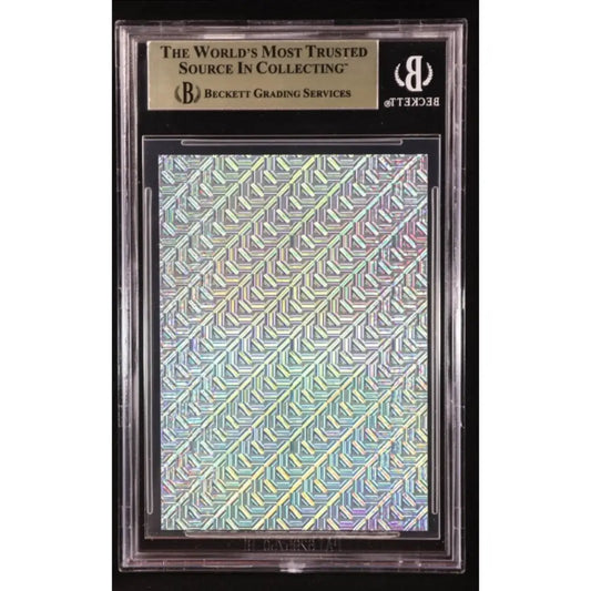 Holographic trading card in a clear Beckett Grading Services slab.