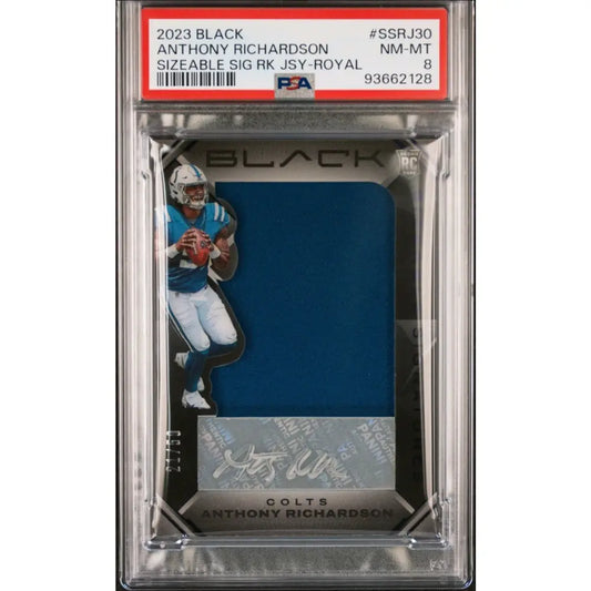 A graded 2023 Panini Black football trading card featuring Anthony Richardson in a Colts jersey, with an autograph and a piece of jersey fabric.